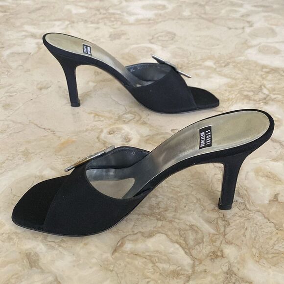 Stuart Weitzman Black Satin Heels Silver Rhinestone Moon & Star Mule Sandals - Picture 5 of 15